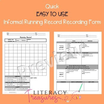 Informal Running Record and Comprehension Check--EASY TO USE 100 Word Box Form